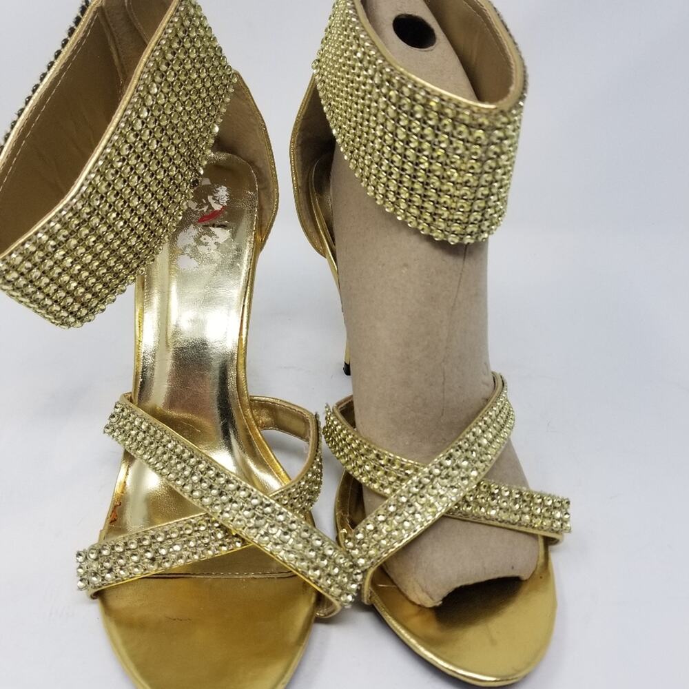 Red Circle Gold Crystals Ankle Stilettos Heels Zipper Back Blekis Women's Size 9 - Picture 5 of 16